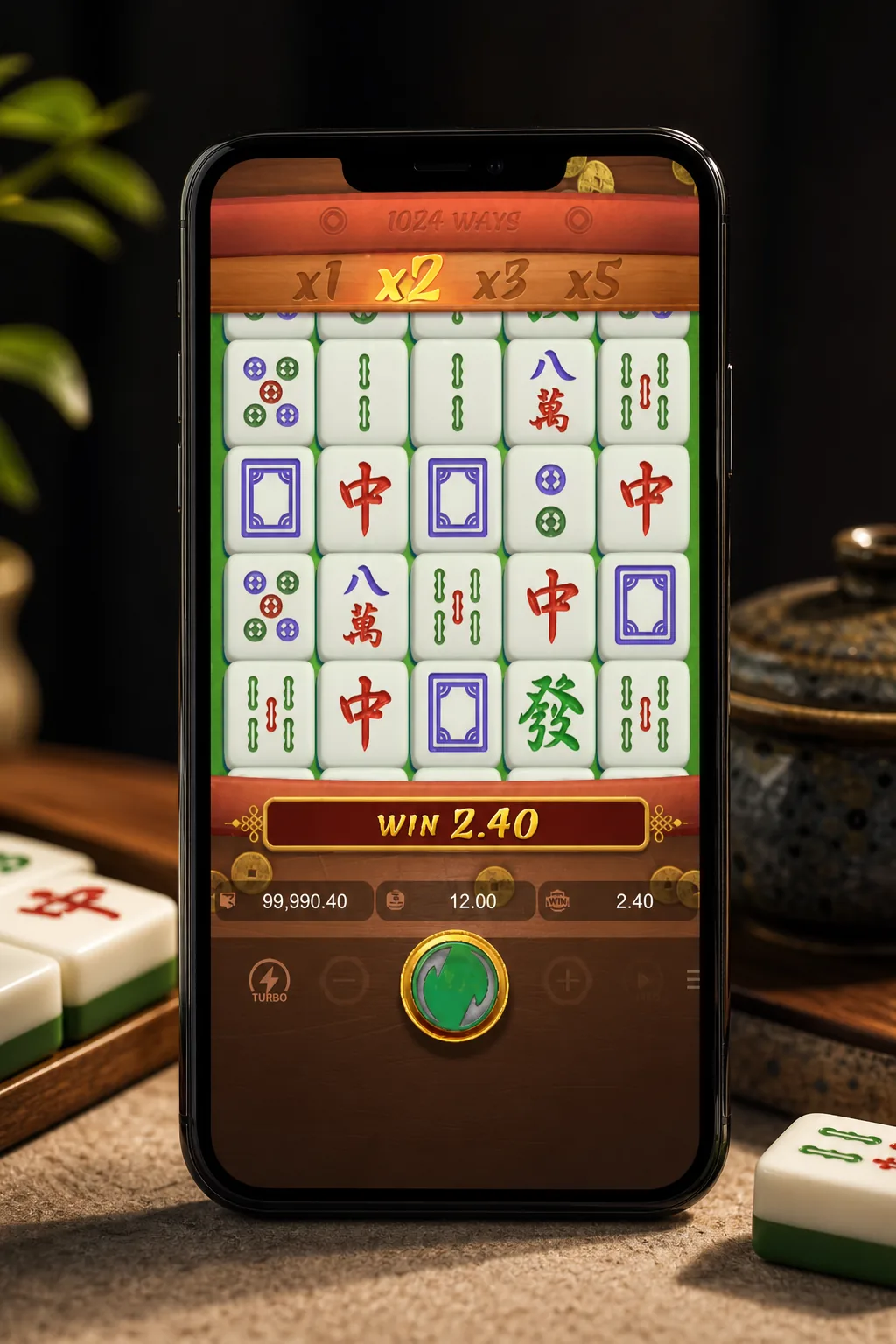 Mahjong Ways gameplay screenshot showing the reels and bet controls